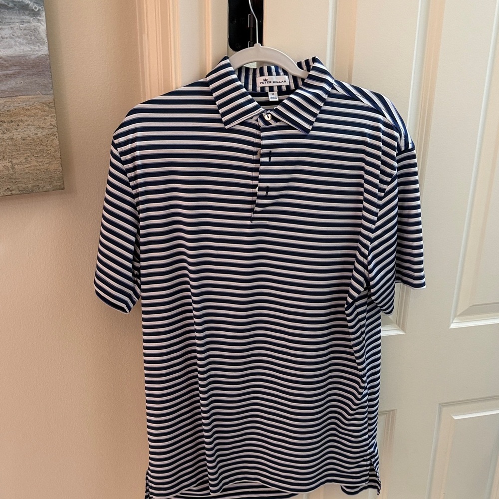 Peter Millar Men's Blue and Grey and Purple Striped Polo Shirt